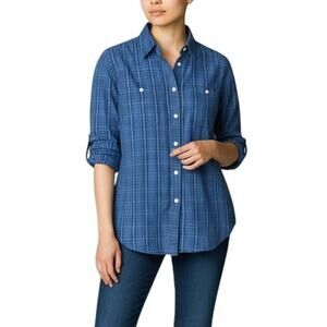 Lauren Ralph Lauren Jeans Co Plaid Linen Shirt Roll Tab Long Sleeve VTG Blue XS